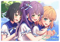 Rule 34 | 365 days (love live!), 3girls, :d, black hair, blue bow, blue eyes, blue ribbon, blue sailor collar, blue sky, blunt bangs, blunt ends, blush, bob cut, border, bow, cerise bouquet, commentary request, dated, english text, frilled bow, frilled sleeves, frills, green eyes, hair bow, hair bun, hair intakes, happy birthday, highres, hinoshita kaho, hug, hug from behind, link! like! love live!, long hair, love live!, medium hair, momose ginko, multiple girls, neck ribbon, official alternate costume, open mouth, orange hair, otomune kozue, purple hair, ribbon, roze (ro z7), sailor collar, sailor shirt, shirt, short hair, short sleeves, side ponytail, sidelocks, signature, single side bun, sketch background, sky, smile, striped bow, striped ribbon, teeth, tree, twitter username, two side up, upper body, upper teeth only, virtual youtuber, white border, white shirt
