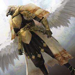 1boy absurdres animal_head armor beak bird_boy breastplate capelet claws elden_ring elden_ring_nightreign feathered_wings guardian_(elden_ring) highres ougyo_kawanaka pauldrons shoulder_armor solo vambraces watermark wings yellow_capelet yellow_eyes