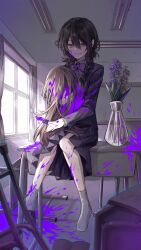 1girl absurdres black_eyes black_hair blonde_hair bow bowtie braid decapitation desk flower full_body guro hair_between_eyes highres holding holding_detached_head holding_knife indoors knife long_hair murder nanin on_desk original pleated_skirt purple_bow purple_bowtie purple_flower purple_theme school school_uniform sitting skirt smile socks solo twin_braids vase white_socks window