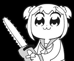 10s 1girl :3 animated animated_gif bkub chainsaw chibi cptnameless female_focus greyscale hair_ornament hair_scrunchie holding holding_weapon looking_at_viewer looping_animation monochrome poptepipic popuko school_uniform scrunchie serafuku sidelocks simple_background solo transparent_background upper_body weapon white_background