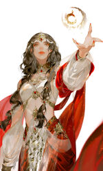1girl arabian_clothes black_hair closed_mouth cowboy_shot fingernails forehead_jewel grey_eyes highres ibuki_satsuki jewelry long_hair looking_up magic necklace original outstretched_arm red_nails sharp_fingernails simple_background solo standing white_background
