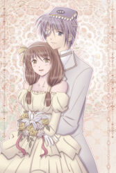 1boy 1girl blue_eyes book book_on_head bouquet bride brown_background brown_hair closed_mouth commentary_request couple cowboy_shot dated_commentary dress eyepatch flower groom hair_tubes hairband hetero holding holding_bouquet hug hug_from_behind juliet_sleeves long_hair long_sleeves looking_at_viewer object_on_head off-shoulder_dress off_shoulder open_mouth puffy_sleeves purple_hair ragnarok_online rideword_(ragnarok_online) rose sharari short_hair smile wedding wedding_dress white_flower white_rose yellow_dress yellow_eyes yellow_flower yellow_hairband yellow_rose