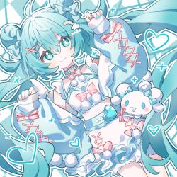 1girl aqua_bow aqua_eyes aqua_hair aqua_nails blush_stickers bow candy checkered_background choker cinnamoroll cowlick crop_top dot_nose double_bun eyes_visible_through_hair food frilled_jacket frilled_skirt frills hair_bow hair_bun hair_ornament hairclip hashtag-only_commentary hatsune_miku heart heart_o-ring heart_ring_choker highres holding holding_candy holding_food holding_lollipop jacket light_blush lollipop long_hair midriff nail_polish o-ring o-ring_choker open_clothes open_jacket pearl_hair_ornament pink_bow pom_pom_(clothes) puffy_sleeves rainbow_hair_ornament roro_(lolo) sanrio sidelocks skirt smile solo_focus twintails very_long_hair vocaloid x_hair_ornament