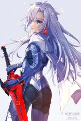 Rule 34 | 1girl, a (xenoblade), armored bodysuit, artist name, ass, blue eyes, cape, commentary request, earrings, from behind, grey hair, highres, holding, holding sword, holding weapon, jewelry, long hair, mitorine0310, monado fencer, open mouth, parted bangs, single earring, smile, solo, standing, sword, watermark, weapon, xenoblade chronicles (series), xenoblade chronicles 3, xenoblade chronicles 3: future redeemed
