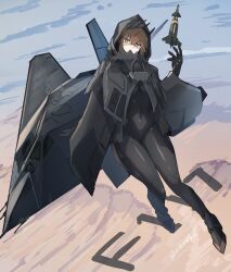 1girl absurdres aerial_bomb aircraft artist_name blue_sky blush bodysuit bomb breasts brown_hair cloak cloud day desert explosive explosive_weapon f-117_nighthawk flying gloves green_eyes highres hood laser-guided_bomb lockheed_martin military natsukaze_shigure original pale_skin paveway personification precision-guided_munition signature sky small_breasts stealth_aircraft stealth_bomber tail weapon wings