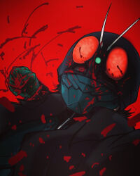 Rule 34 | 1boy, antennae, armor, black hair, black jacket, blood, blood on face, blood on hands, blood splatter, bloodshot eyes, commentary request, compound eyes, glowing, glowing eyes, helmet, incoming attack, incoming punch, jacket, kamen rider, kamen rider 1, kamen rider 1 (shin), looking at viewer, male focus, one eye covered, punching, red background, red eyes, shin kamen rider, solo, toda atsu2003, tokusatsu