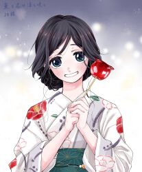 1girl black_hair blue_eyes blush commentary_request floral_print floral_print_kimono green_sash grin hair_up hands_up highres holding_candy_apple japanese_clothes kaoru_hana_wa_rin_to_saku kimono looking_at_viewer mikami_saka obi official_art print_kimono sash smile solo translation_request waguri_kaoruko white_kimono