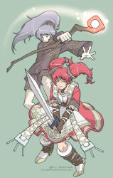 Rule 34 | 1boy, 1girl, apron, arcturus, boots, brown boots, brown gloves, brown shirt, brown shorts, closed mouth, commentary, dress, email address, english commentary, fingerless gloves, full body, gloves, green background, grey eyes, grey hair, hair ornament, high ponytail, holding, holding staff, holding sword, holding weapon, jumping, long hair, long sleeves, looking at viewer, macciatto (aciel02), maria kates, open mouth, ponytail, red dress, red eyes, red hair, shirt, shorts, simple background, sizz flair, smile, staff, sword, twintails, weapon, white apron