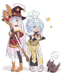 Rule 34 | 2girls, absurdres, arona (blue archive), asymmetrical legwear, bandaged leg, bandages, belt collar, black eyes, black gloves, black thighhighs, blue archive, blue eyes, blue hair, blush, chomusuke, collar, commentary, cosplay, darkness (konosuba), darkness (konosuba) (cosplay), doodle sensei (blue archive), drooling, fingerless gloves, gloves, hair over one eye, hair ribbon, hairband, halo, hat, highres, holding, holding staff, kono subarashii sekai ni shukufuku wo!, light blue hair, long hair, looking at creature, mage staff, megumin, megumin (cosplay), mismatched legwear, mouth drool, multiple girls, plana (blue archive), ribbon, rizuaki, sensei (blue archive), short hair, sideways glance, simple background, single thighhigh, staff, standing, thighhighs, white background, white hair, white hairband, white ribbon, witch hat
