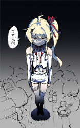 1girl ahoge arms_at_sides bottle bowl clothing_cutout fortissimo gradient_background hair_ornament hair_ribbon henriiku_(ahemaru) highres hololive hololive_dev_is jitome legs_together long_sleeves looking_at_viewer messy_room monochrome_background musical_note musical_note_hair_ornament neck_ribbon otonose_kanade otonose_kanade_(regloss_uniform) red_eyes red_ribbon ribbon shadow shirt short_shorts shorts shoulder_cutout side_ponytail solo speech_bubble standing straight-on translation_request trash trash_bag vest virtual_youtuber white_shirt white_shorts white_vest yurie_mouth