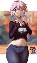 2girls absurdres amity_blight black_nails blurry blurry_background brown_hair chibi crop_top denim highres jeans legs_together luz_noceda midriff multiple_girls nail_polish navel pants pointy_ears purple_hair scrapy short_hair solo_focus stomach sweatdrop the_owl_house yellow_eyes