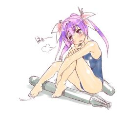 Rule 34 | 1girl, blue one-piece swimsuit, commentary request, i-19 (kancolle), kantai collection, long hair, name tag, one-piece swimsuit, puff of air, purple eyes, red eyes, school swimsuit, simple background, solo, star-shaped pupils, star (symbol), swimsuit, symbol-shaped pupils, tamu (mad works), torpedo, tri tails, twintails, white background