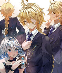 1boy 1girl absurdres aether_(genshin_impact) ahoge alternate_costume aqua_eyes bare_shoulders bimmy black_dress black_suit blood blue_bow blue_eyes blue_hair blue_necktie blush bow braid camera collarbone collared_shirt commentary dress english_commentary formal_clothes furina_(genshin_impact) genshin_impact grey_hair hair_between_eyes hair_bow heterochromia highres holding holding_camera long_hair long_sleeves multicolored_hair necktie nosebleed one_eye_closed pocket profile shirt simple_background sleeveless sleeveless_dress suit two-tone_hair white_background white_shirt yellow_eyes