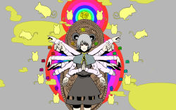 animal_ears arms_at_sides capelet extra_arms grey_background grey_capelet grey_hair grey_sleeves long_sleeves looking_at_viewer mouse_(animal) mouse_ears mouse_girl mouse_tail nazrin outstretched_arms own_hands_together qianshou_guanyin rainbow rannsama_(pa) smile tail touhou white_sleeves