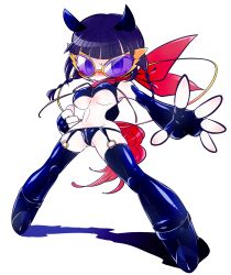 1girl animal_ears bit_gag blue_eyes blue_hair blush breasts crotch_zipper elbow_gloves fake_animal_ears fake_tail fingerless_gloves full_body gag garter_straps gloves highres horse_ears horse_tail looking_at_viewer medium_breasts medium_hair nakajima_sanae pale_skin red_scarf scarf shiny_clothes sizma solo standing sumomomo_momomo sunglasses superhero_costume tail thighhighs underboob white_background