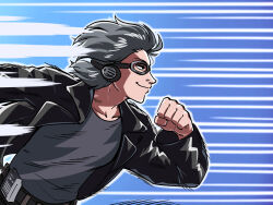 Rule 34 | 1boy, belt, black belt, black eyes, black jacket, black pants, clenched hand, collarbone, from side, goggles, grey hair, grey shirt, headphones, highres, jacket, leather, leather jacket, looking afar, marvel, motion lines, pants, peter maximoff, profile, quicksilver (marvel), running, shirt, t-shirt, tina fate, upper body, wind, x-men, x-men: apocalypse, x-men film series