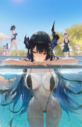 6+girls against_glass alternate_costume animal_ears artist_name beach_umbrella bikini black_bikini black_dress black_hair black_slingshot_swimsuit blue_nails blue_one-piece_swimsuit blue_sky blurry blurry_background braid breasts brown_hair cleavage closed_eyes closed_mouth commentary day demon_horns distortion dog_ears dog_girl dress english_commentary eyewear_on_head floating fuwawa_abyssgard glass_wall green_bikini greyscale highres hololive hololive_english horns irys_(hololive) large_breasts long_hair looking_at_viewer medium_hair mococo_abyssgard mole mole_under_eye monochrome mori_calliope multicolored_hair multiple_girls navel nerissa_ravencroft one-piece_swimsuit orange_hair ouro_kronii outdoors partially_submerged partially_underwater_shot pink_hair pool purple_hair red_eyes rucarachi shiori_novella siblings sisters sky slingshot_swimsuit smile solo_focus split-color_hair standing sunglasses swimming swimsuit takanashi_kiara takanashi_kiara_(casual) tree twin_braids twins umbrella very_long_hair virtual_youtuber walking white_bikini white_hair