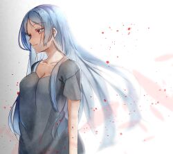 1girl blue_hair breasts cleavage degtyaryov2952 dress enri_louvre grey_dress highres long_hair naraku naraku_1 red_eyes smile solo