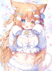 Rule 34 | 1girl, animal ear fluff, animal ears, blonde hair, blue eyes, blush, bow, breasts, cleavage, cleavage cutout, clothing cutout, cropped shirt, hair bow, hair ornament, heterochromia, highres, large breasts, long hair, long sleeves, looking at viewer, midriff, momozu komamochi, navel, open mouth, original, shirt, short shorts, shorts, sleeves past wrists, smile, very long hair, white shirt, white shorts, yellow eyes