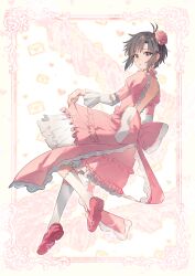 1girl absurdres antenna_hair back_bow backless_dress backless_outfit black_eyes black_hair border bow collar commentary dress dutch_angle flower frilled_collar frilled_dress frills from_side full_body hair_flower hair_ornament heart highres idolmaster idolmaster_(classic) inset_border juliet_sleeves kikuchi_makoto lace layered_dress letter long_sleeves looking_at_viewer love_letter ornate_border outside_border parted_bangs parted_lips pink_bow pink_collar pink_dress pink_shoes pleated_dress puffy_sleeves rose shoes sidelocks skirt_hold solo two-tone_bow white_bow white_dress yumi_xsh
