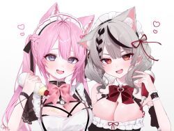 2girls alternate_costume animal_ear_fluff animal_ears antenna_hair bare_shoulders black_hair blue_eyes breasts ear_piercing enmaided fang grey_hair hair_ribbon hakui_koyori heart highres hololive large_breasts long_hair maid maid_headdress medium_hair multicolored_hair multiple_girls piercing pink_hair red_eyes ribbon saka_x_x sakamata_chloe simple_background smile streaked_hair twintails virtual_youtuber