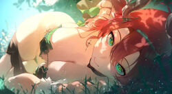 1girl absurdres alternate_costume bikini black_collar black_shorts breasts ciaccona_(wuthering_waves) cleavage close-up closed_mouth clothes_pull collar commentary english_commentary frilled_wrist_cuffs frills green_bikini green_eyes hair_between_eyes highres large_breasts looking_at_viewer lying mole mole_under_eye multiple_moles on_side red_hair shorts shorts_pull smile solo swimsuit symbol-shaped_pupils tacet_mark_(wuthering_waves) thighs tree_horns white_wrist_cuffs wrist_cuffs wuthering_waves yellow_pupils yonesdraws
