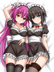 Rule 34 | 2girls, \||/, ahoge, alternate costume, alternate hairstyle, aoi erika, aqua eyes, arm behind back, arm up, back bow, bed sheet, black dress, black hair, black thighhighs, blush, bow, bowtie, breasts, cleavage, closed mouth, collarbone, commentary request, company connection, crossover, detached collar, dress, enmaided, frilled dress, frilled sleeves, frilled wrist cuffs, frills, futaki kanata, garter straps, hair between eyes, hair bobbles, hair ornament, hand on own stomach, heaven burns red, highres, key (company), large breasts, little busters!, long hair, looking at viewer, lying, maid, maid headdress, multiple girls, on back, puffy short sleeves, puffy sleeves, purple hair, red bow, red bowtie, short dress, short hair, short sleeves, side-by-side, smile, split mouth, straight hair, tamba i, thighhighs, two side up, very long hair, white bow, white wrist cuffs, wrist cuffs, yellow eyes, zettai ryouiki