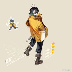 1boy ahoge alternate_costume arknights artist_name black_hair black_pants blue_hair boots brown_background brown_footwear candy chibi chibi_inset coat colored_inner_hair curtained_hair dongsheng food food_in_mouth from_above full_body hand_in_pocket leg_up lollipop looking_at_viewer looking_back lumen_(arknights) male_focus mouth_hold multicolored_hair orange-tinted_eyewear orange_eyes outline pants pointy_ears short_hair simple_background standing standing_on_one_leg tinted_eyewear two-tone_hair watermark weibo_watermark white_outline yellow_coat