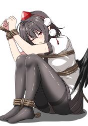 1girl absurdres bdsm bird_wings black_necktie black_pantyhose black_skirt black_wings blush bound bound_arms bound_legs breasts brown_hair commentary hat highres looking_at_viewer medium_hair necktie one_eye_closed open_mouth pantyhose pointy_ears pom_pom_(clothes) puffy_short_sleeves puffy_sleeves red_eyes red_hat restrained rise_(rise19851203) rope shadow shameimaru_aya shirt short_sleeves sitting skirt smile solo sweat tokin_hat touhou white_shirt wings