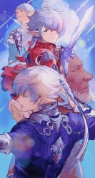 Rule 34 | absurdres, alisaie leveilleur, alphinaud leveilleur, ameliance leveilleur, blue eyes, blue jacket, blue sky, braid, braided ponytail, elezen, elf, final fantasy, final fantasy xiv, fourchenault leveilleur, highres, holding, holding sword, holding weapon, hutaba 0718, jacket, looking at viewer, looking back, looking to the side, louisoix leveilleur, multiple boys, multiple girls, pointy ears, rapier, red jacket, siblings, sky, sword, twins, weapon, white hair