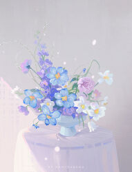 artist_name blue_flower bouquet english_text flower grey_background highres huhv. no_humans original pink_flower plant purple_flower shadow simple_background still_life vase watermark white_flower