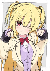 Rule 34 | 1girl, ;), arihara nanami, blonde hair, blush, bow, bowtie, breasts, buttons, c-string, cardigan, cardigan under jacket, closed mouth, collared shirt, commentary, eyes visible through hair, grey background, hair between eyes, hands up, happy, head tilt, jacket, large breasts, long hair, looking at viewer, okaeru, one eye closed, open clothes, open jacket, paw pose, purple cardigan, red bow, red bowtie, red eyes, riddle joker, school uniform, shirt, simple background, sleeves past wrists, smile, solo, straight hair, strapless bottom, two side up, upper body, v-shaped eyebrows, very long hair, white shirt, yellow jacket