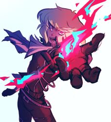 Rule 34 | 1boy, androgynous, ascot, black gloves, blue fire, fire, gloves, highres, karina farek, leather, leather pants, lio fotia, male focus, pants, pink fire, promare, purple eyes, short hair, simple background, solo