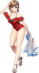 1girl akasaka_yuzu asahi_(kancolle) asahi_(swimsuit)_(kancolle) braid breasts brown_hair casual_one-piece_swimsuit collarbone frilled_one-piece_swimsuit frills grey_eyes holding holding_towel kantai_collection medium_breasts mole mole_under_mouth official_alternate_costume official_art one-piece_swimsuit red_one-piece_swimsuit sandals short_hair side_braids smile solo swimsuit towel transparent_background twin_braids
