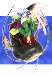 1girl barefoot blue_hair breasts catfish cleavage cup female_focus fish gourd heterochromia japanese_clothes kimono lavolpe_(yagisaka_seto) long_hair medium_breasts namazu_(mythology) original oversized_object sakazuki saucer solo yagisaka_seto