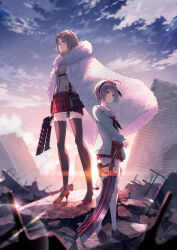 2girls absurdres ahoge black_flower black_rose black_thighhighs blonde_hair cape chest_harness flower fur_trim grey_hair hair_ornament harness heaven_burns_red highres koh_rd long_sleeves minase_ichigo minase_sumomo multiple_girls pantyhose plaid_clothes plaid_skirt purple_eyes red_skirt rose ruins sailor_collar short_hair skirt sunrise thighhighs weapon white_pantyhose