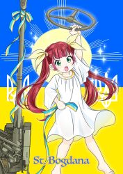 1girl 2s22_bohdana :o arm_up barefoot blush dress flag_ribbon flat_chest full_body green_eyes hand_up highres holding holding_detached_steering_wheel holding_ribbon japanon long_hair looking_at_viewer open_mouth original red_hair ribbon solo st._bogdana standing teeth toes tongue tryzub twintails ukraine ukrainian_flag upper_teeth_only v-shaped_eyebrows white_dress
