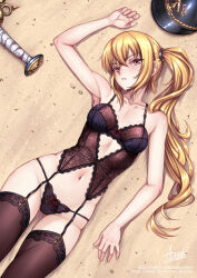 Rule 34 | 1girl, adsouto, arm up, beach, blonde hair, breasts, collarbone, garter straps, helmet, highres, lingerie, long hair, looking at viewer, luciana de montefio, lying, medium breasts, navel, on back, panties, red eyes, sand, side ponytail, signature, solo, thighhighs, underwear, unworn headwear, unworn helmet, variant set, very long hair, zenless zone zero