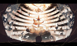 aluce arms_up asmodeus_(umineko) beelzebub_(umineko) belphegor_(umineko) boots brown_hair closed_eyes coat dress falling flower formal_clothes gold hat highres letterboxed leviathan_(umineko) light long_hair looking_up lucifer_(umineko) magic mammon_(umineko) necktie open_mouth outstretched_arms piece_(umineko) red_hair sad satan_(umineko) shannon_(umineko) short_hair staff standing suit umineko_no_naku_koro_ni ushiromiya_battler ushiromiya_maria