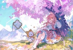 1girl ^_^ against_tree animal ankle_socks bee belt black_belt black_bow black_ribbon bow bow_legwear bowtie brown_eyes bug butterfly_net buttons castle cat center_frills cherry_blossoms cloak closed_eyes clothed_animal commentary cross-laced_clothes cross-laced_legwear crossed_ankles day ear_covers english_commentary eyelashes falling_petals floating_hair foodie_bee frilled_shirt frilled_skirt frilled_sleeves frills full_body grass hair_bow hair_over_shoulder hair_ribbon hand_in_own_hair hand_net happy high_heels highres holding holding_butterfly_net hood hood_up hooded_cloak infinity_nikki insect jewelry knees_up layered_skirt light_blush long_hair long_sleeves looking_ahead low_twintails medium_skirt mint-tan momo_(nikki) mountain necklace nikki_(nikki) nikki_(series) off-shoulder_shirt off_shoulder open_mouth outdoors petals pink_bow pink_hair pink_shoes pink_skirt pleated_skirt puffy_long_sleeves puffy_sleeves pumps red_bow red_bowtie ribbon see-through_clothes see-through_sleeves shade shirt shoes sitting skirt smile snowflake_print socks spring_(season) teeth traditional_bowtie tree tress_ribbon twintails under_tree upper_teeth_only very_long_hair whiskers white_cat white_shirt white_skirt white_socks wind yellow_cloak