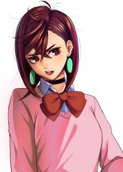 1girl absurdres ayase_momo black_choker bow bowtie brown_eyes brown_hair choker collared_shirt commentary dandadan earrings floating_earring hair_behind_ear hair_between_eyes hashtag-only_commentary highres jewelry long_sleeves looking_at_viewer loose_bowtie medium_hair open_mouth pink_sweater red_bow red_bowtie school_uniform shirt solo sweater tonakai_takagi upper_body white_background white_shirt