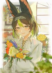 Rule 34 | 1boy, absurdres, animal ear fluff, animal ears, black hair, blue flower, blush, bug, butterfly, collared shirt, commentary, cross-laced clothes, flower, genshin impact, green hair, hair between eyes, hashtag-only commentary, headband, highres, holding, holding flower, insect, janedoe 1229, lace trim, large ears, lavender (flower), leaf, long sleeves, looking to the side, male focus, multicolored eyes, multicolored hair, mushroom, orange flower, parted bangs, picture frame, plant, potted plant, purple flower, shirt, short hair, sideways glance, smile, solo, streaked hair, tighnari (genshin impact), tongue, upper body, white flower, white shirt, wide sleeves, window, wing collar