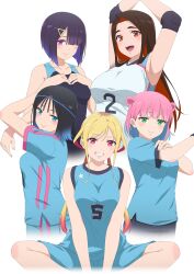 5girls armpits arms_up bare_shoulders black_hair blonde_hair blue_eyes blue_hair blue_headband blue_shirt blunt_bangs blunt_ends breasts brown_hair choppy_bangs closed_mouth colored_inner_hair elbow_pads gradient_hair green_eyes grin hair_ornament hair_over_one_eye hairclip hands_on_own_chest headband highres hongou_miyuki jersey kitahara_aoba kusunoki_aroma large_breasts long_hair looking_at_viewer medium_breasts multicolored_hair multiple_girls official_art open_mouth pink_eyes pink_hair purple_hair red_eyes red_hair sawaranaide_kotesashi-kun sayamagaoka_chiyo shirt short_hair sidelocks simple_background sitting sleeveless sleeveless_shirt smile stretching sumiyoshi_izumi teeth transparent_background upper_teeth_only white_shirt
