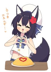 ... 1girl ^_^ animal_ear_fluff animal_ears bare_arms beret black_sailor_collar blue_bow blush bow brooch closed_eyes commentary_request crop_top dress facing_viewer fangs flower food fox_ears fox_girl fox_tail hair_flower hair_ornament hands_up hat heart heart_hands hibiscus highres jewelry midriff navel omelet omurice original plate red_flower sailor_collar saisoku_no_yukkuri shirt simple_background sleeveless sleeveless_dress solo steam striped_bow tail translation_request white_background white_hat white_shirt