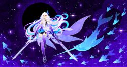 1girl bare_shoulders blue_hair breasts closed_mouth commentary dual_wielding elbow_gloves english_commentary ffluvy fish full_body genshin_impact gloves hair_between_eyes hair_ornament highres holding holding_sword holding_weapon long_hair looking_at_viewer medium_breasts multicolored_hair purple_gloves purple_thighhighs red_eyes skirk_(genshin_impact) solo star_(sky) starry_sky_background sword thighhighs very_long_hair weapon white_hair