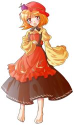 1girl aki_minoriko alphes_(style) apron barefoot blonde_hair commentary_request dairi food fruit full_body grapes hat long_sleeves looking_at_viewer neck_ribbon parody red_eyes ribbon ringed_eyes shirt short_hair skirt solo style_parody tachi-e touhou transparent_background wide_sleeves