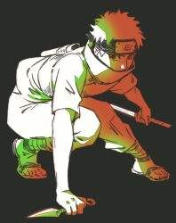 Rule 34 | 1boy, absurdres, craneace, forehead protector, full body, high collar, highres, holding, holding kunai, holding sword, holding weapon, konohagakure symbol, kunai, limited palette, male focus, mangekyou sharingan, naruto (series), ninja, sharingan, simple background, solo, sword, uchiha shisui, weapon