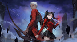 1boy 1girl archer_(fate) black_hair black_skirt black_thighhighs blue_eyes bodysuit bow_(weapon) breasts brown_eyes cloud dark-skinned_male dark_skin fate/stay_night fate_(series) gem highres holding holding_bow_(weapon) holding_weapon iamc95 long_hair medium_breasts miniskirt night night_sky outdoors parted_lips red_sweater rock skirt sky star_(sky) starry_sky sweater thighhighs thighs tohsaka_rin two_side_up very_long_hair weapon white_hair zettai_ryouiki