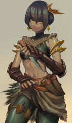 1girl absurdres black_hair closed_mouth dagger dark-skinned_female dark_skin dual_wielding earrings facial_mark female_focus fingerless_gloves gloves gradient_background highres holding holding_dagger holding_knife holding_weapon jewelry knife navel orange_eyes original rakuga_kiya scabbard sheath shiny_skin short_hair solo torn_clothes tribal turtleneck vambraces weapon