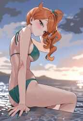 1girl artist_request butt_crack expressionless looking_at_viewer looking_back nintendo ocean pokemon sonia_(pokemon) swimsuit tagme water